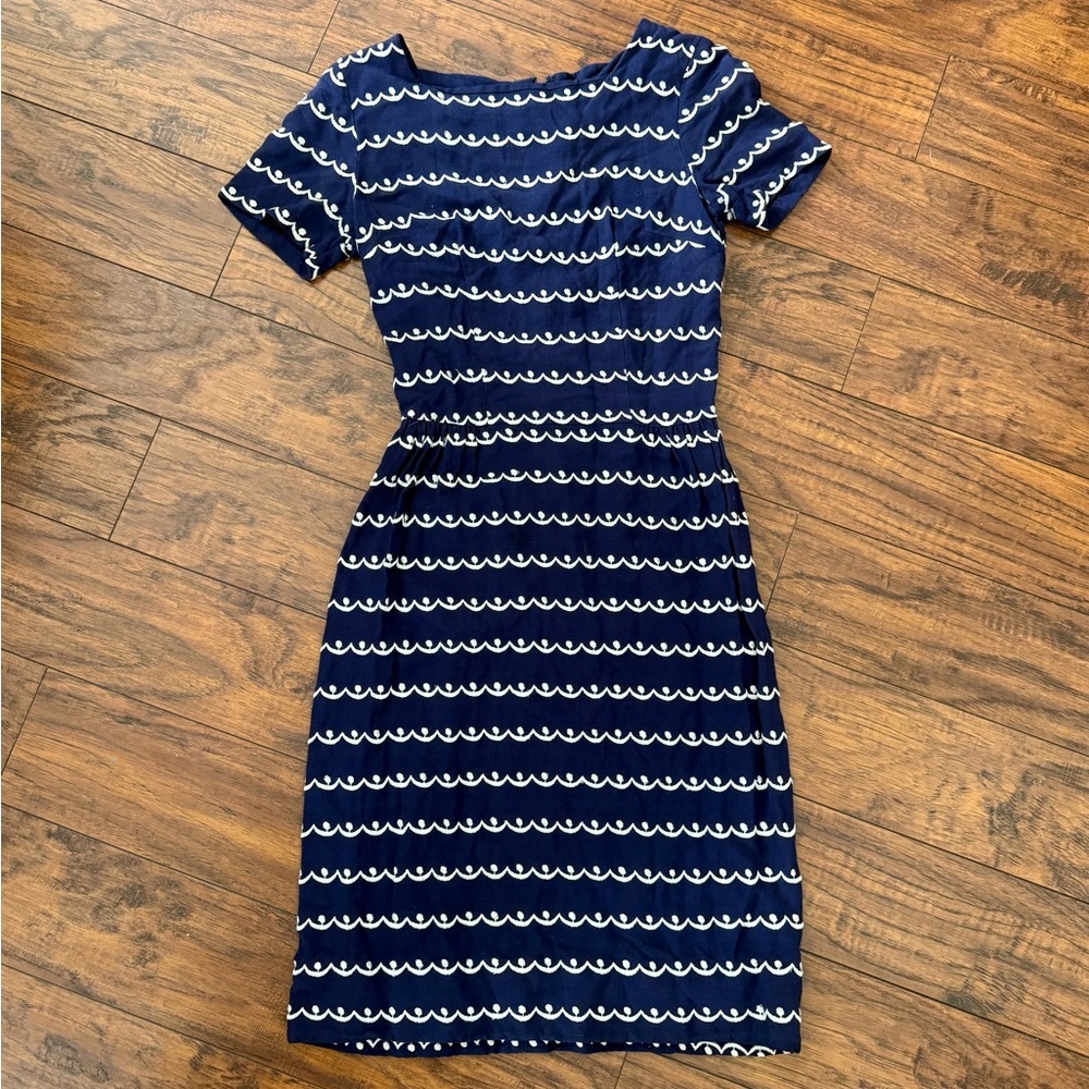 Vintage L’Aiglon 50s 60s Navy White Scallop Embroidered Midi Dress | 2